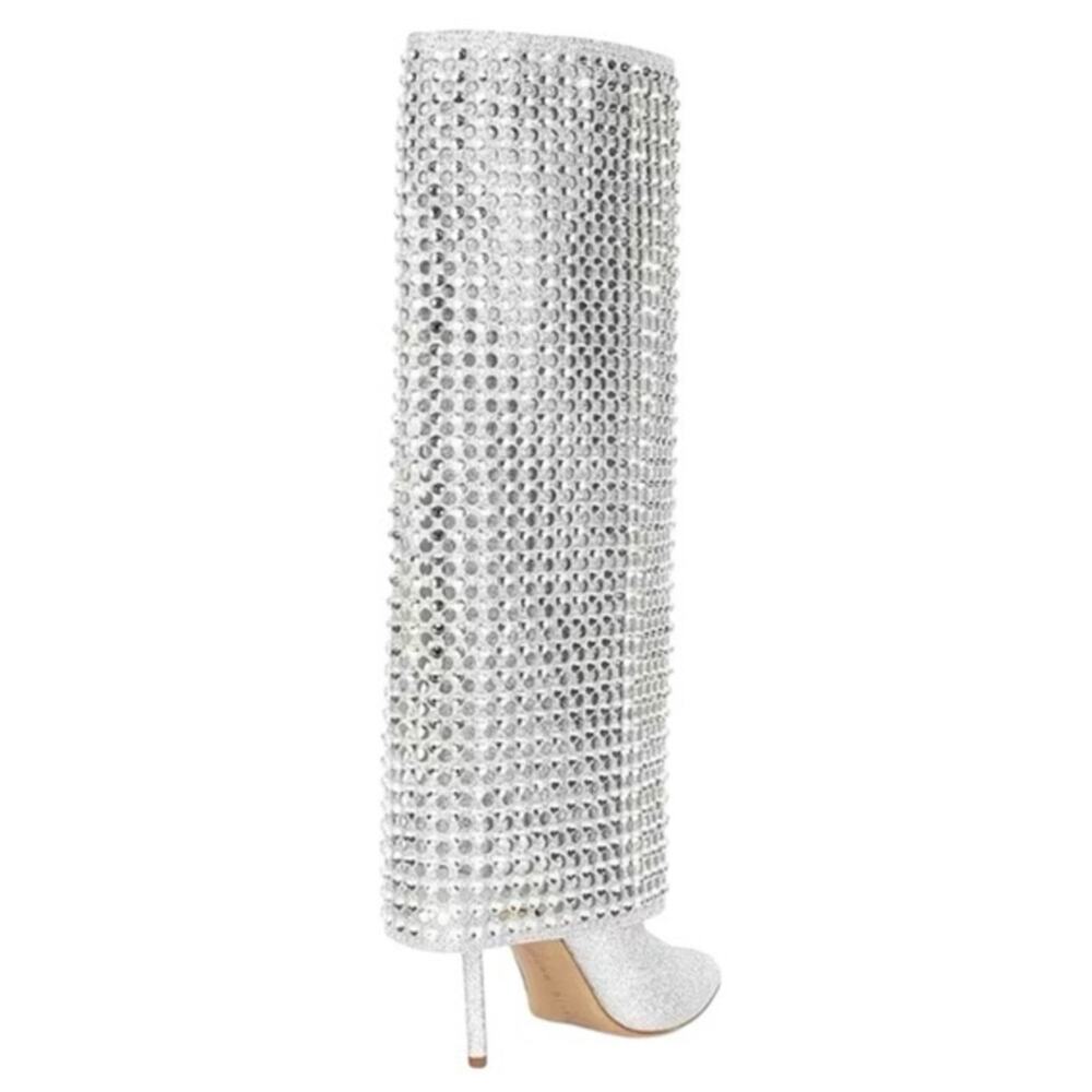 Gianni Bini Lowry Rhinestone Foldover Tall Boots Silver Glitter Zipper Size 7 - Picture 6 of 12